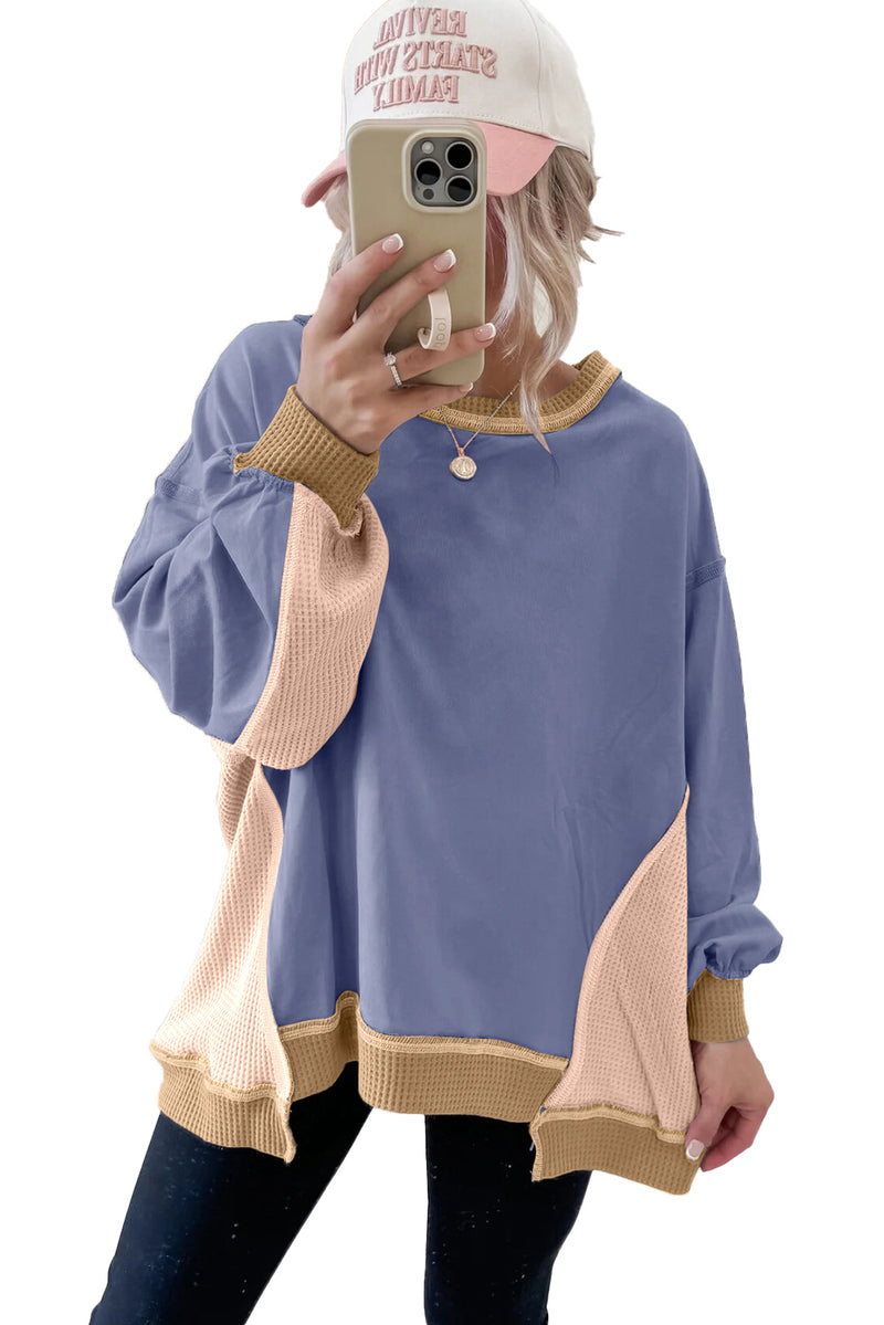 Smoke Green Colorblock Waffle Patchwork Oversize Sweatshirt