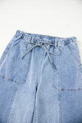 Prussian Blue Drawstring Seam Detail Raw Hem Wide Leg Jeans