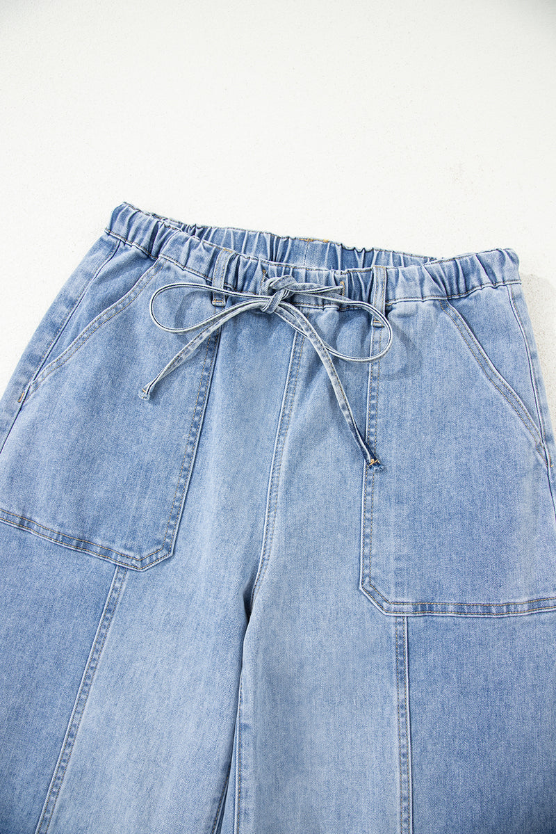 Prussian Blue Drawstring Seam Detail Raw Hem Wide Leg Jeans