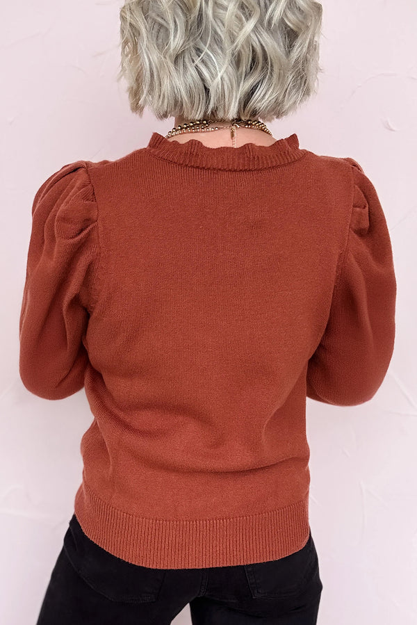 Clay Button Ruffle Neck Solid Color Knit Sweater