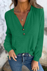 Mist Green Casual Button V Neck Long Sleeve T-Shirt