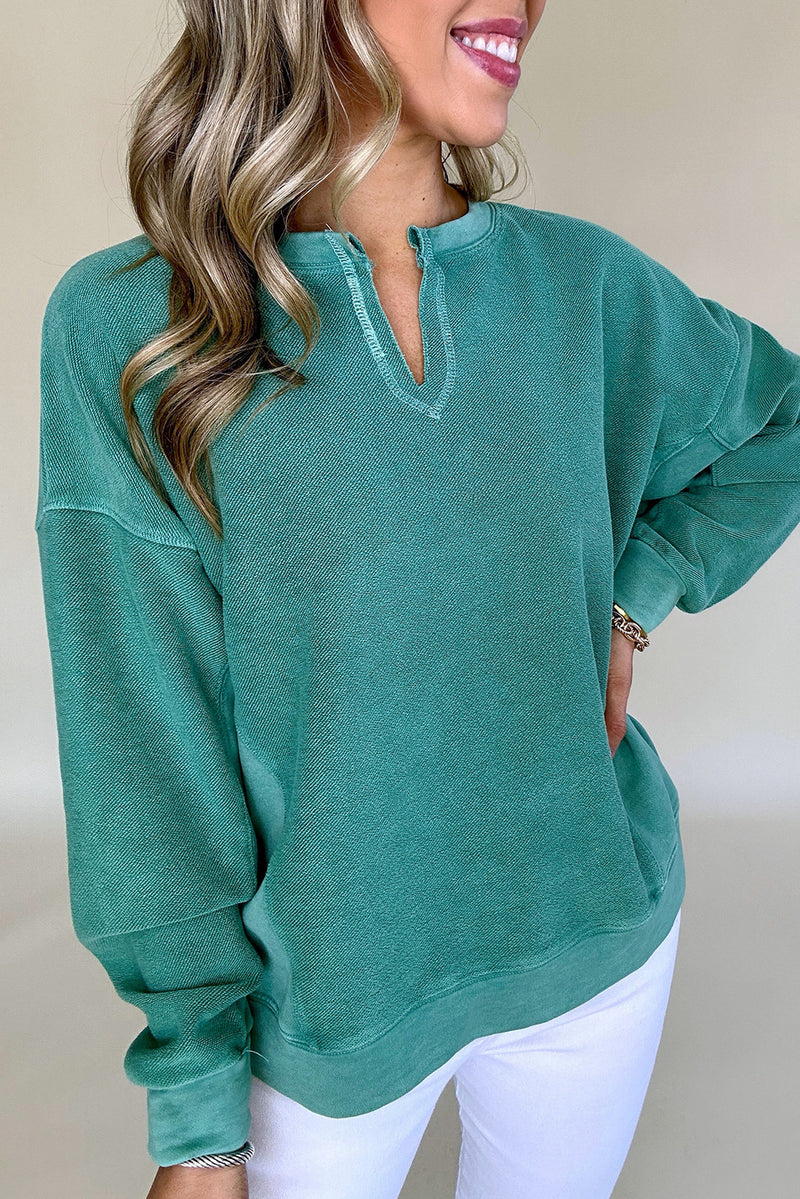 Bright Pink Notched Neck Exposed Seam Drop Shoulder Sweatshirt