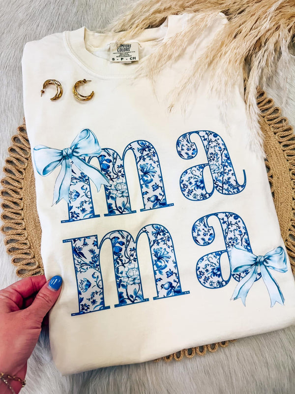 Blue Floral Mama - ivory comfort colors tee
