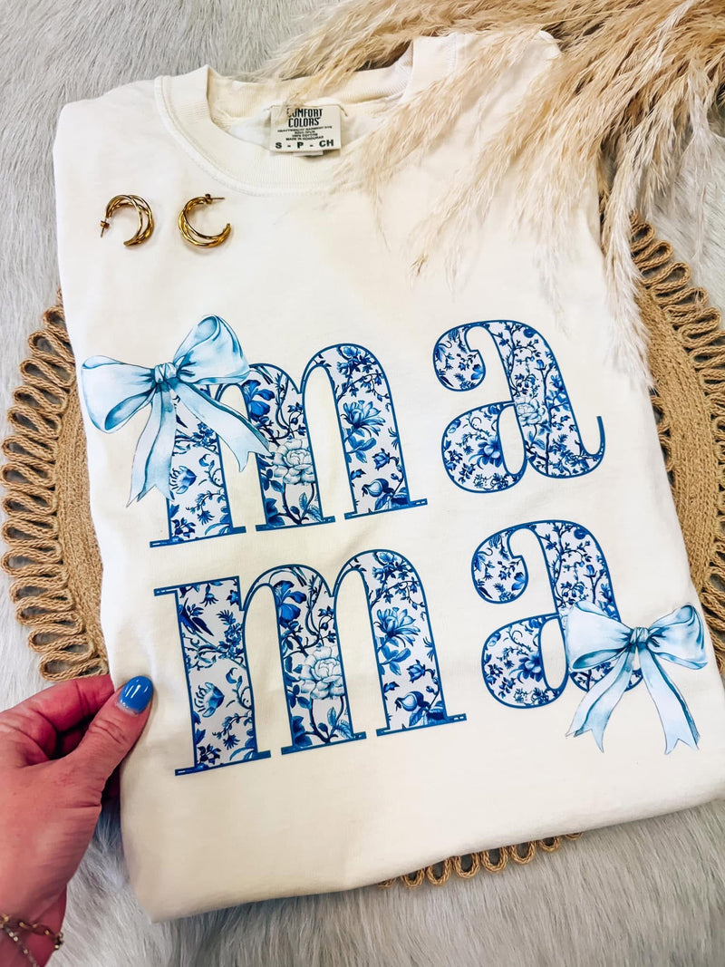 Blue Floral Mama - ivory comfort colors tee
