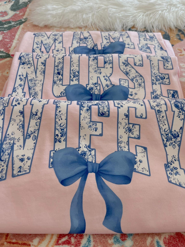 Blue floral: Mama , Wifey or Nurse design