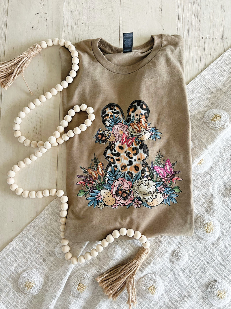 Leopard bunny on Olive tee