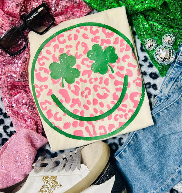 Pink Leopard clover eyes smiley tee