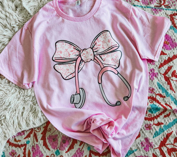 Pink floral stethoscope tee