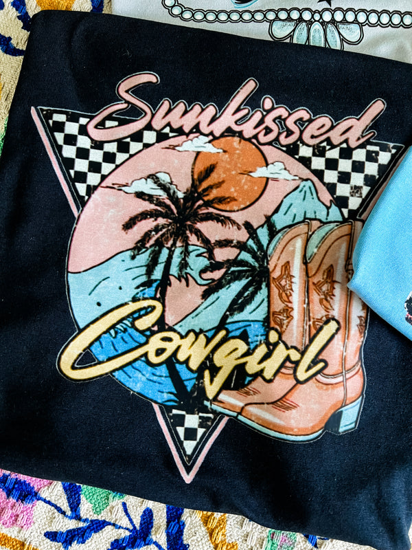 Sun-kissed cowgirl retro black tee