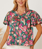 Floral Collared Neck Short Sleeve Blouse