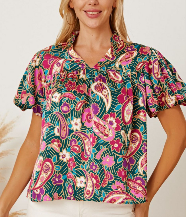 Floral Collared Neck Short Sleeve Blouse