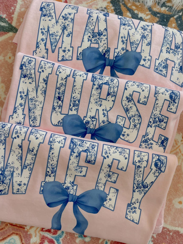 Blue floral: Mama , Wifey or Nurse design