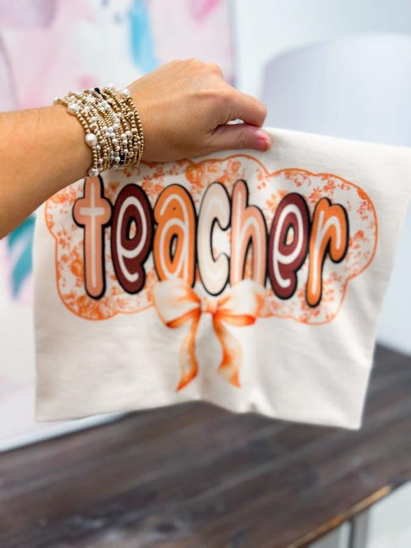 Orange Floral bow Teacher tee