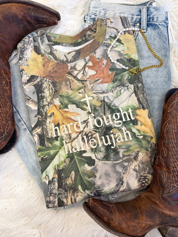 Hard fought hallelujah camo tee