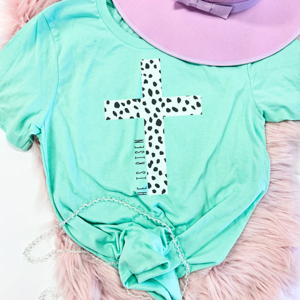 He is Risen Dalmatian print cross tee