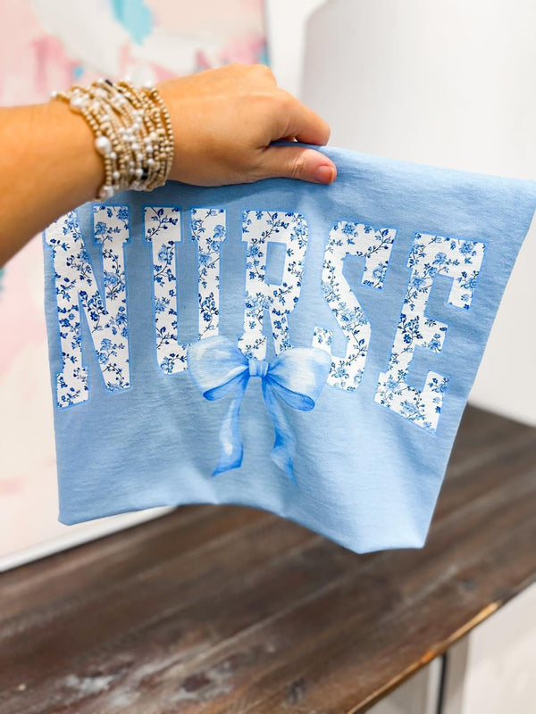 Blue Floral Nurse bow tee