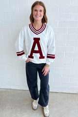 Red Dahlia Chenille Letter A Varsity Striped V Neck Sweatshirt
