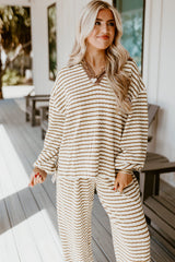 Khaki Stripe Textured Collared Pullover Top and Drawstring Pants Set
