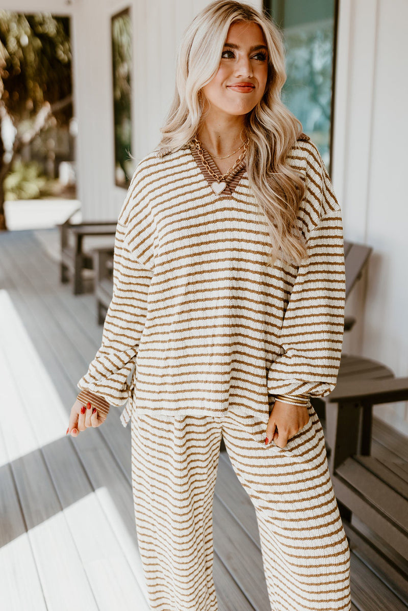 Khaki Stripe Textured Collared Pullover Top and Drawstring Pants Set