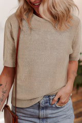 Beige Shiny Plain Short Sleeve Knit Top