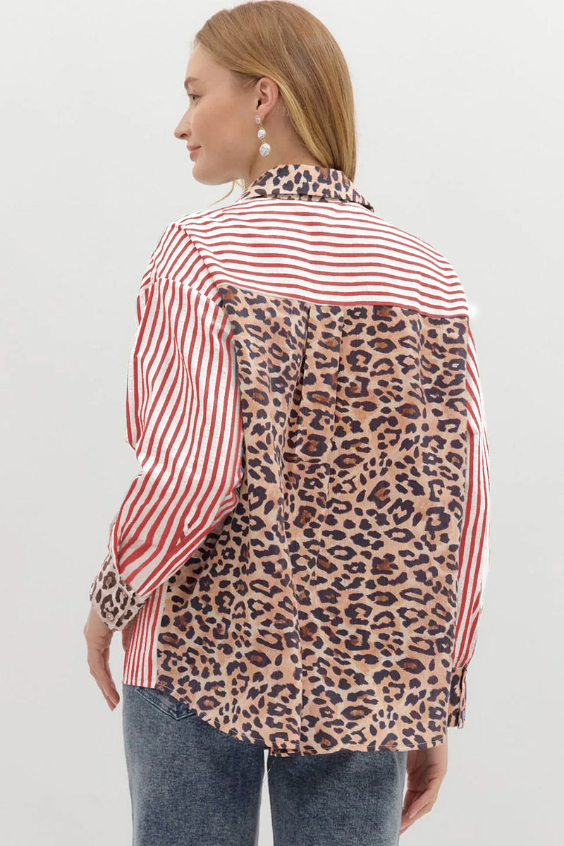 Black Leopard and Striped Patchwork Button Shirt