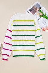 White Colorful Striped Drop Shoulder Crew Neck Sweater