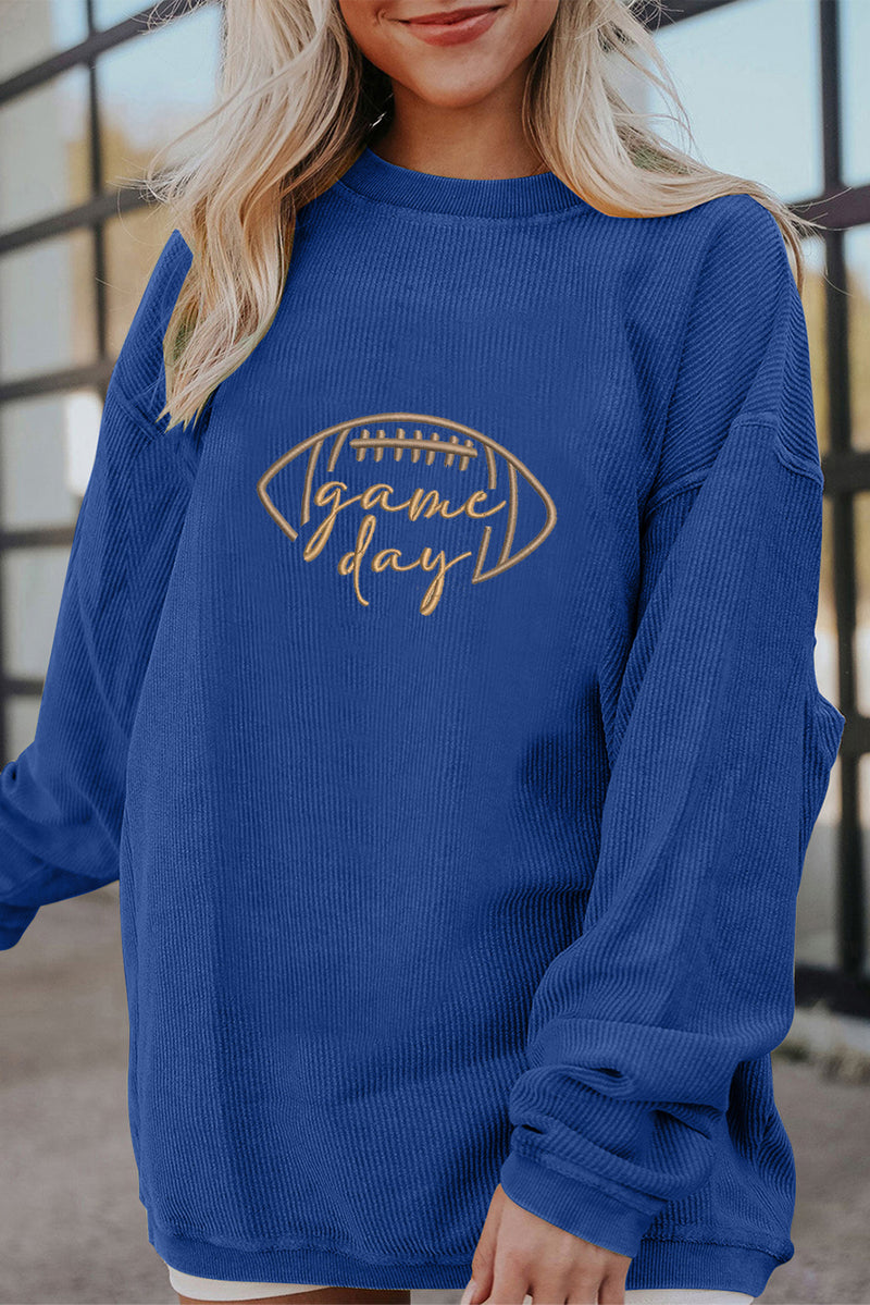 White Football Graphic Drop Shoulder Game Day Corded Sweatshirt