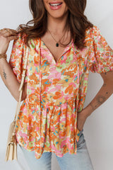 Orange Split V Neck Short Sleeve Flower Blouse