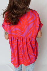 Multicolour Abstract Print V Neck Cuffed Short Sleeve Shift Slit Blouse