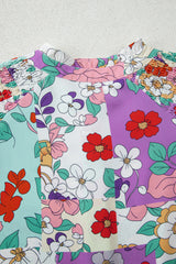 Pink Floral Print Patchwork Frilly Neckline Long Sleeve Shirt