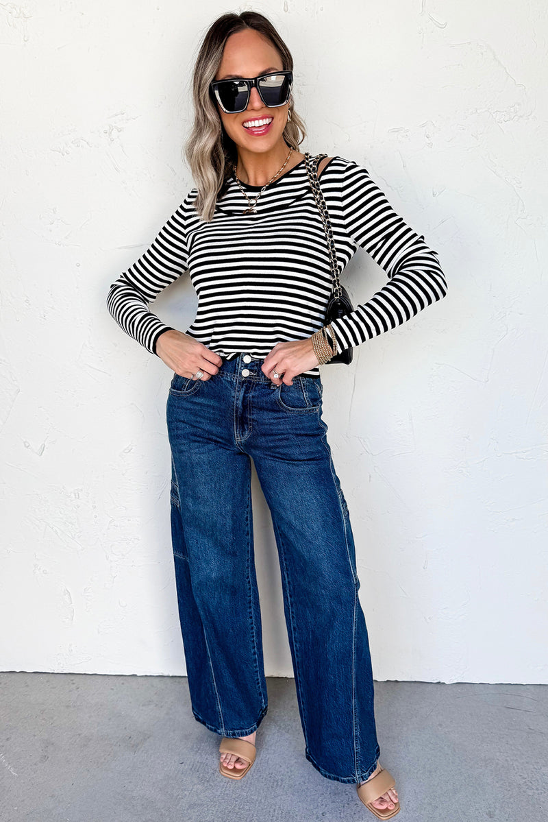 Black Striped Cutout Long Sleeve Top