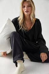 White Oversize Waffle Drop Shoulder Exposed Seam V Neck Hoodie