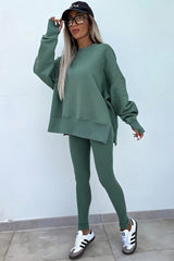 Orchid Mist Solid Color Oversized Slit Sweatshirt Ribbed Leggings Set