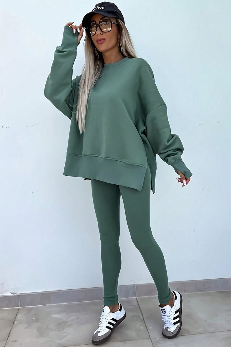 Orchid Mist Solid Color Oversized Slit Sweatshirt Ribbed Leggings Set