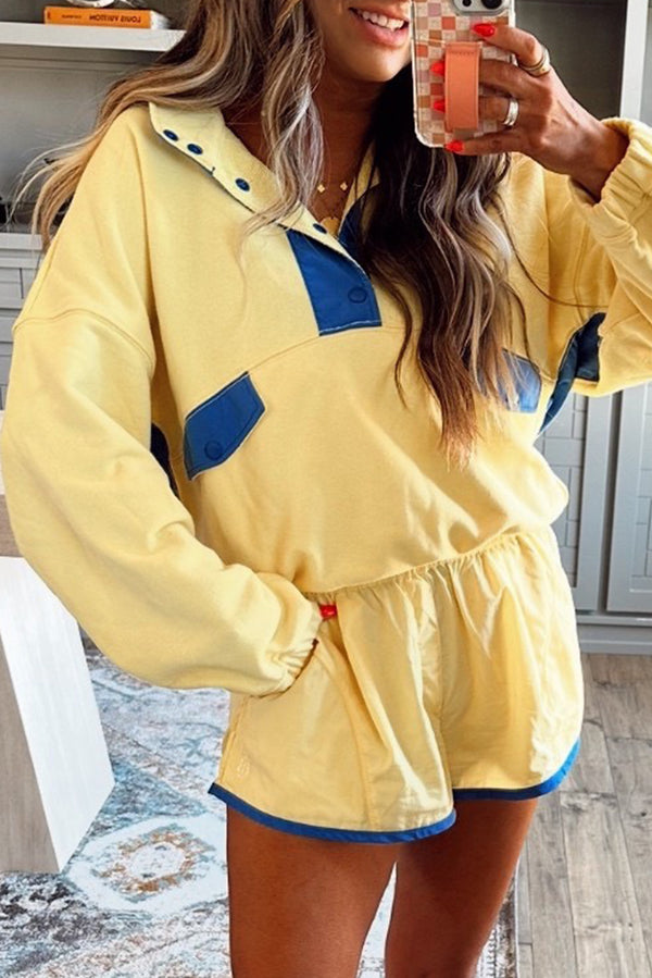 Yellow Colorblock Patchwork Half Button Pullover and Shorts Outfit