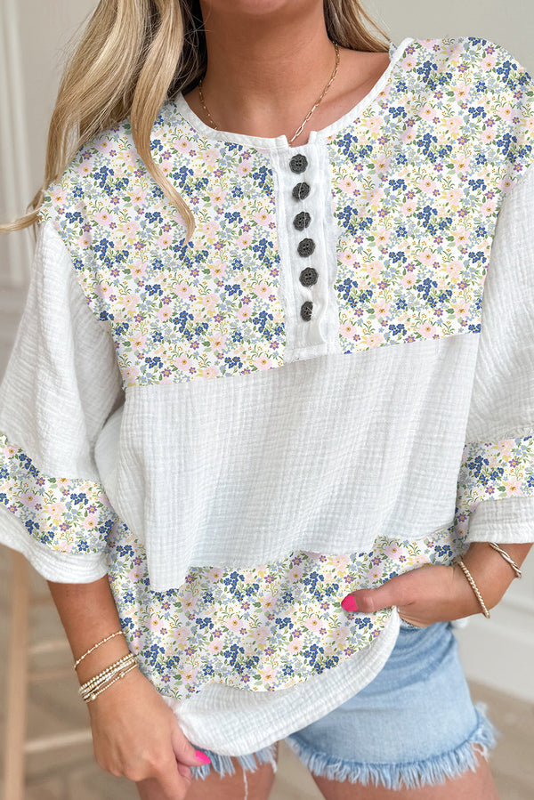 Sky Blue Floral Print Crinkle Patchwork Henley Blouse