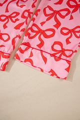 Pink Allover Bow Print Button Up and Loose Pants Pajama Set