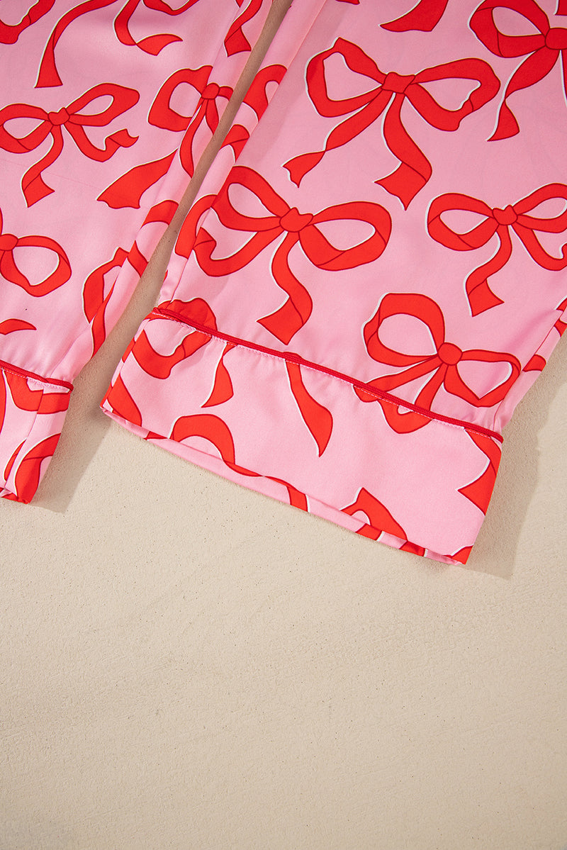 Pink Allover Bow Print Button Up and Loose Pants Pajama Set