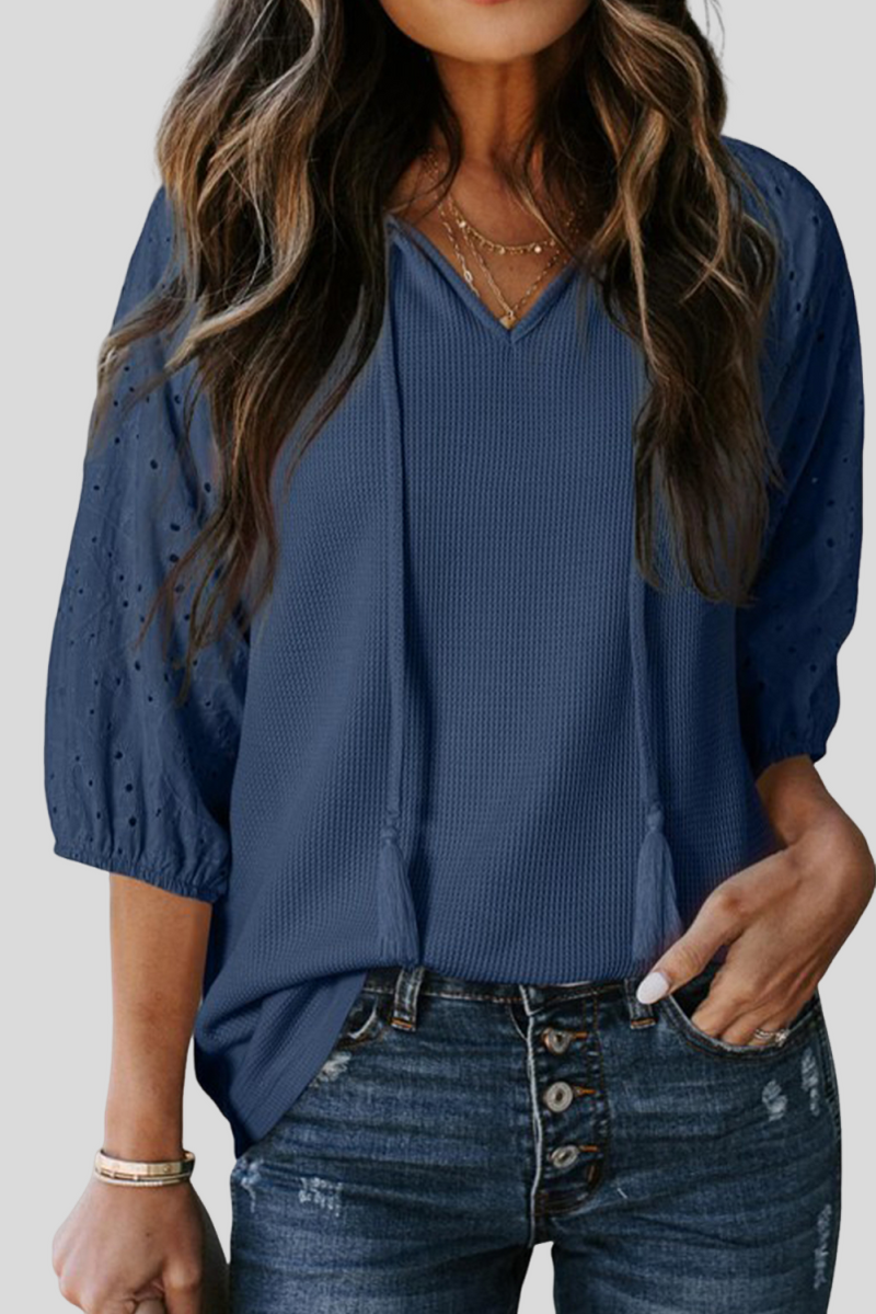 Dirty Blue Tassel Tie Neck Bracelet Sleeve Blouse