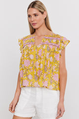 Yellow Floral Ruffle Shoulder V Neck Flowy Blouse