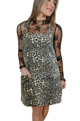Gray Leopard Print Pocketed Loose Fit Denim Overall Dress