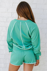 Dark Green V Neck Piping Trim Pullover Top and Shorts Set