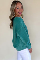 Bright Pink Notched Neck Exposed Seam Drop Shoulder Sweatshirt