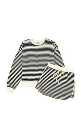 Black Stripe Textured Drop Shoulder Pullover Top Drawstring Mini Skirt Two Piece Dress Set