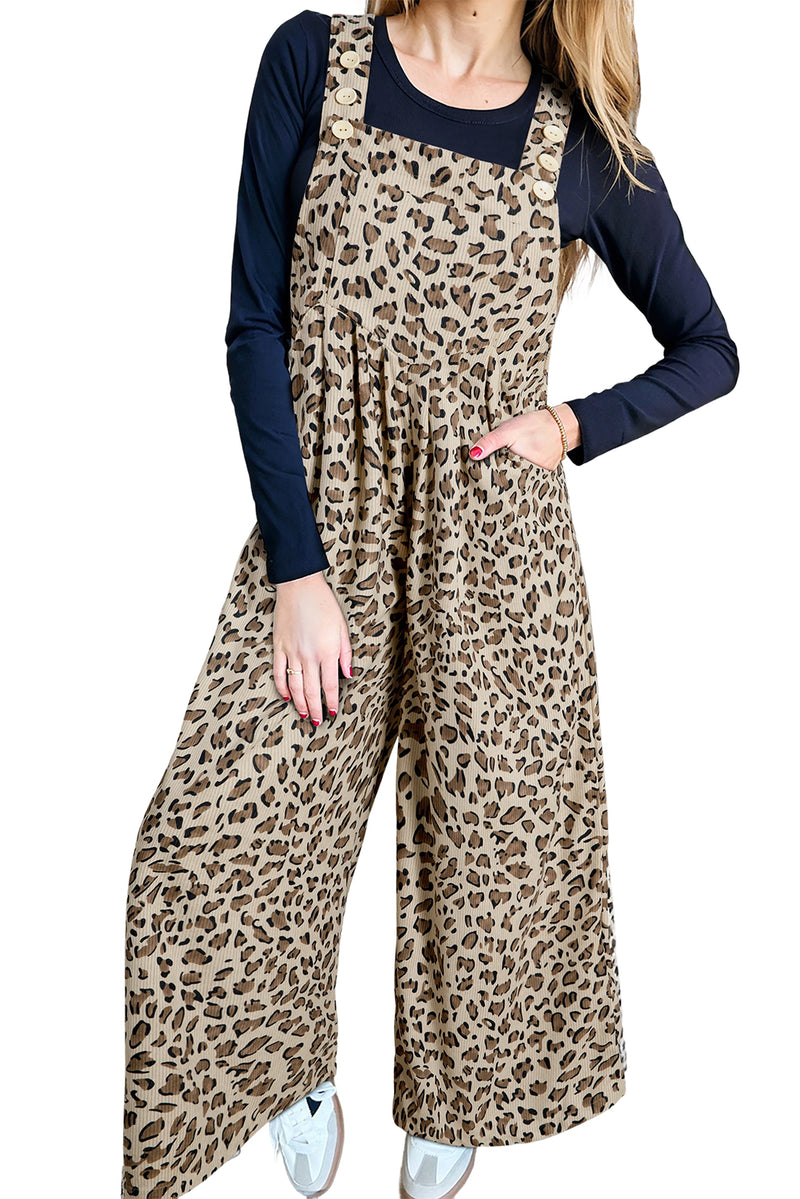 Brown Leopard Bib Wide Leg Jumpsuit