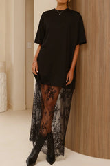 Red Sandalwood Floral Patchwork Short Sleeve T Shirt Loose Maxi Dress