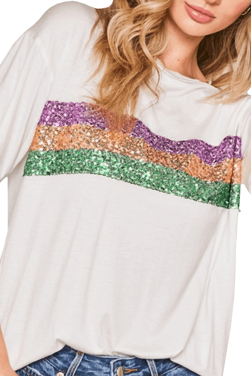 White Colorblock Sequin Mardi Gras Crewneck T Shirt