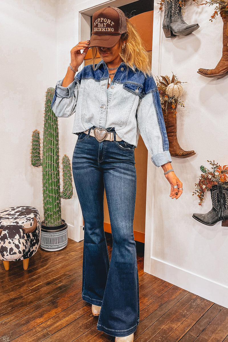 Dusk Blue Patchwork Flap Detail Distress Denim Jacket
