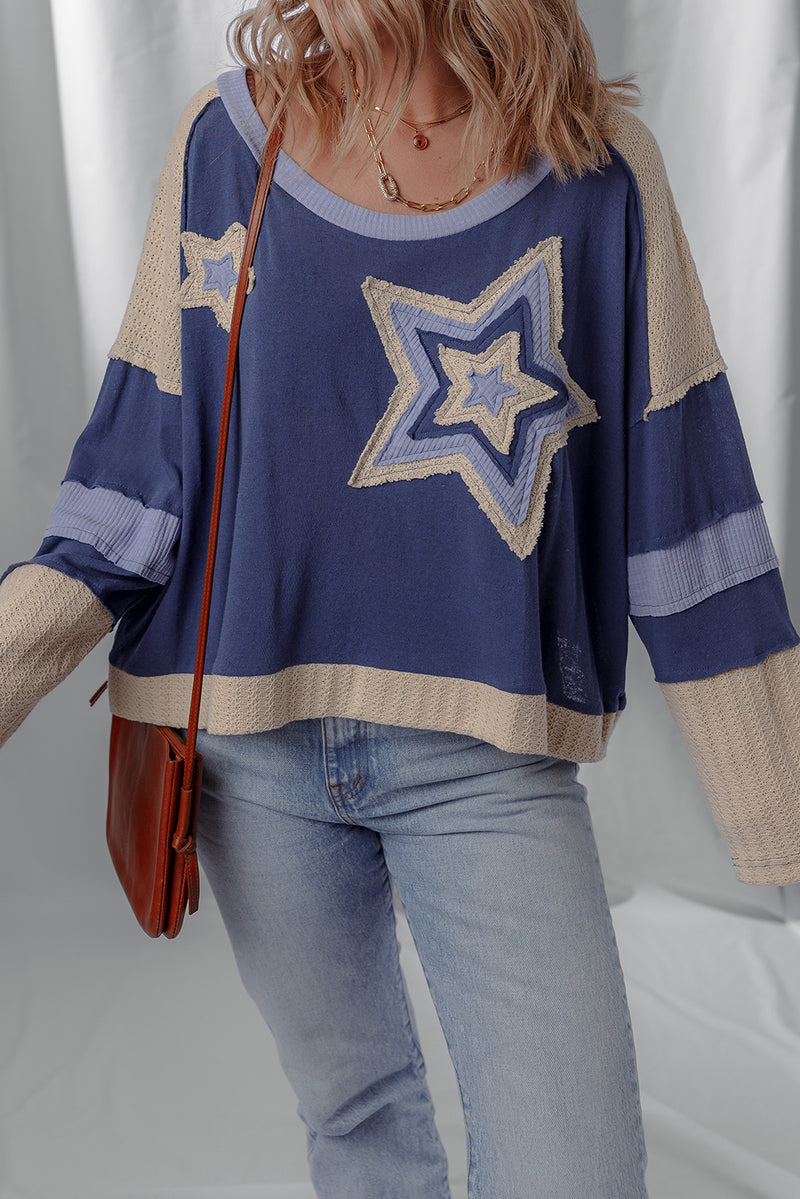 Dark Blue Knitted Colorblock Patchwork Star Patched Long Sleeve Top
