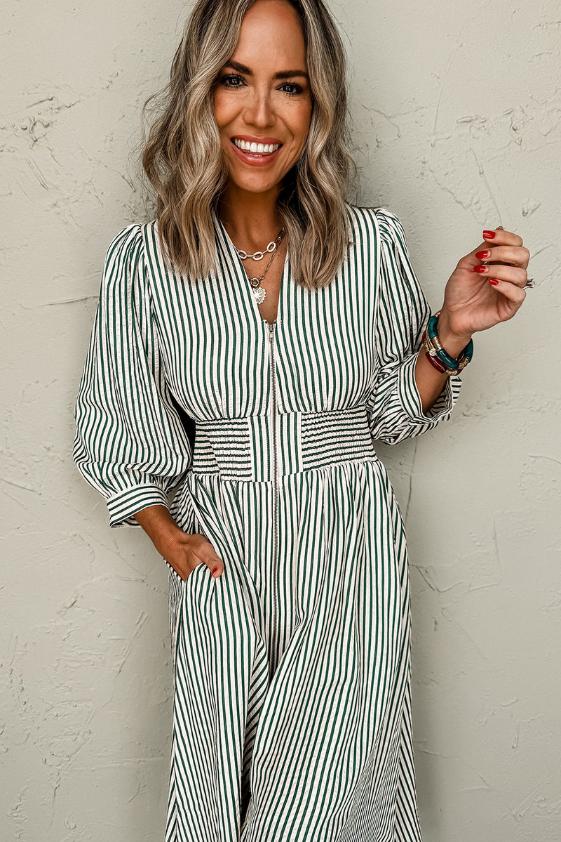 Green Striped V Neck Zip Front Cinched High Waist Midi Dress